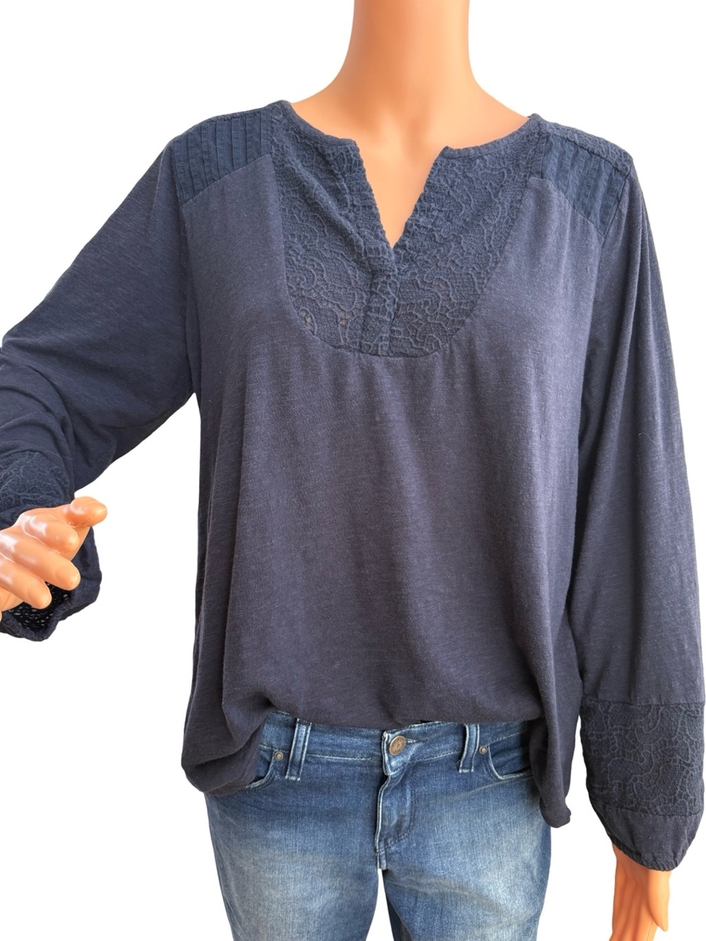 Lucky Brand Navy Lace-Trim Notch Neck Tunic